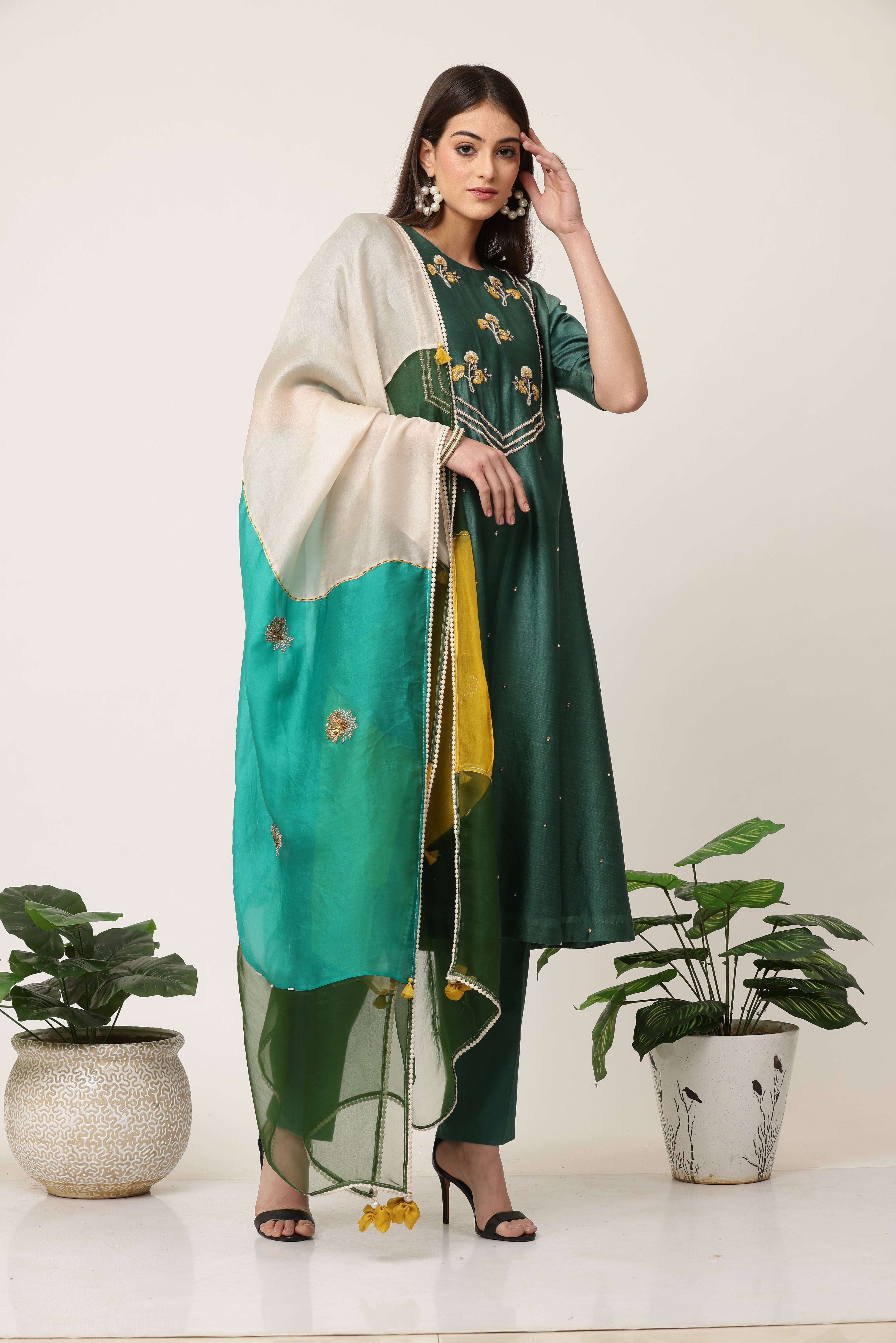 Dark Green A line Kurta Set