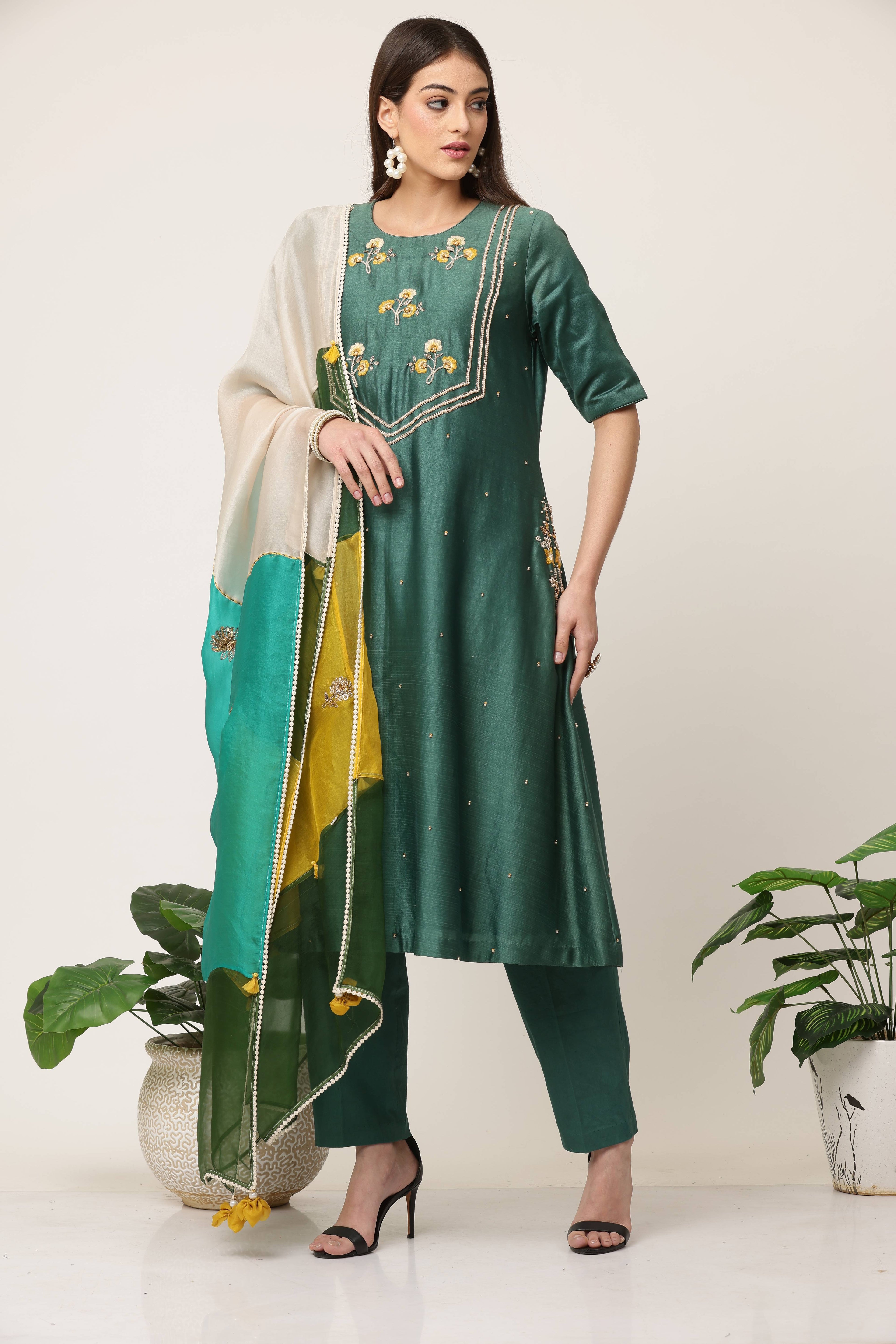 Dark Green A line Kurta Set