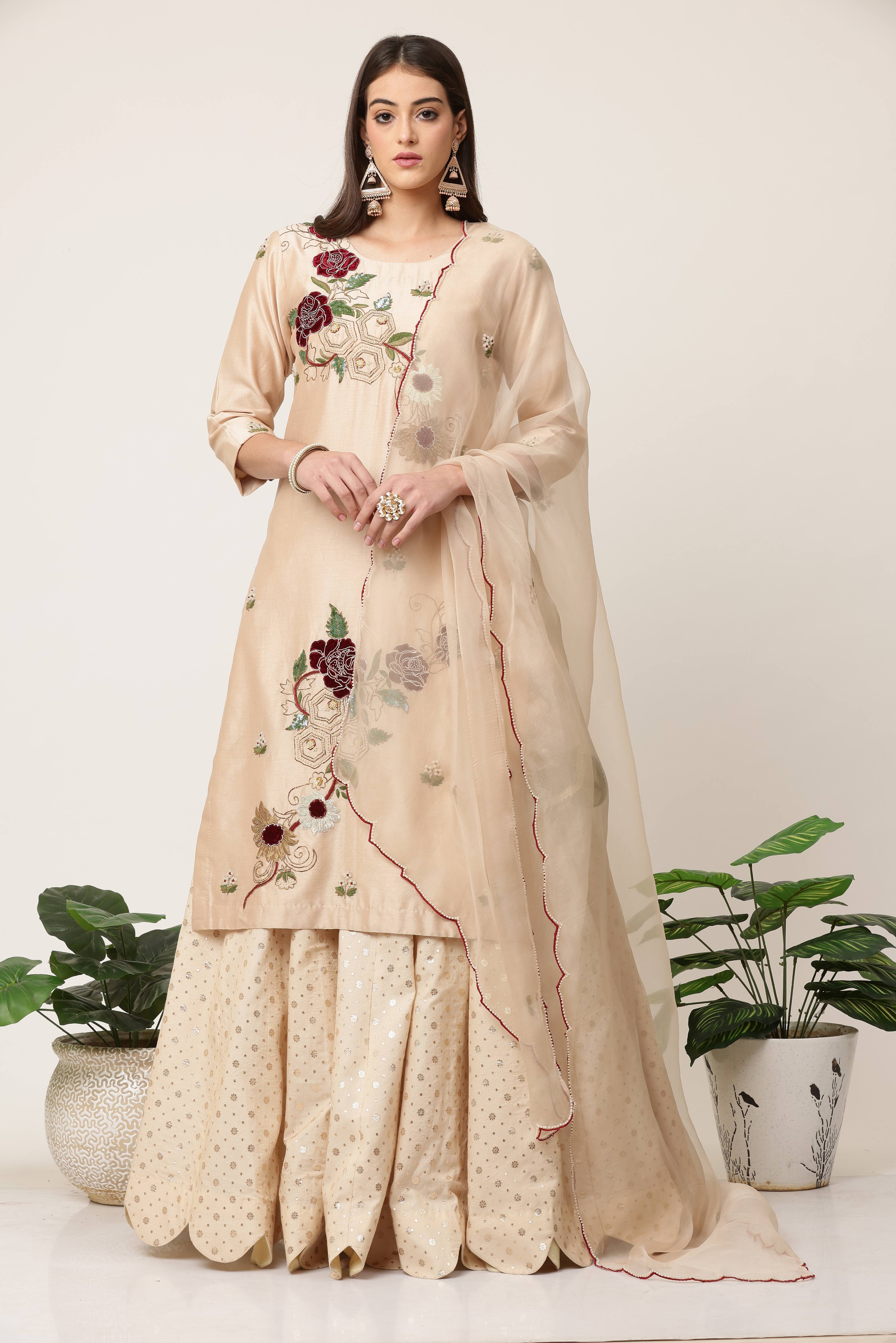 Champagne Red Velvet Kurta Lehenga Set