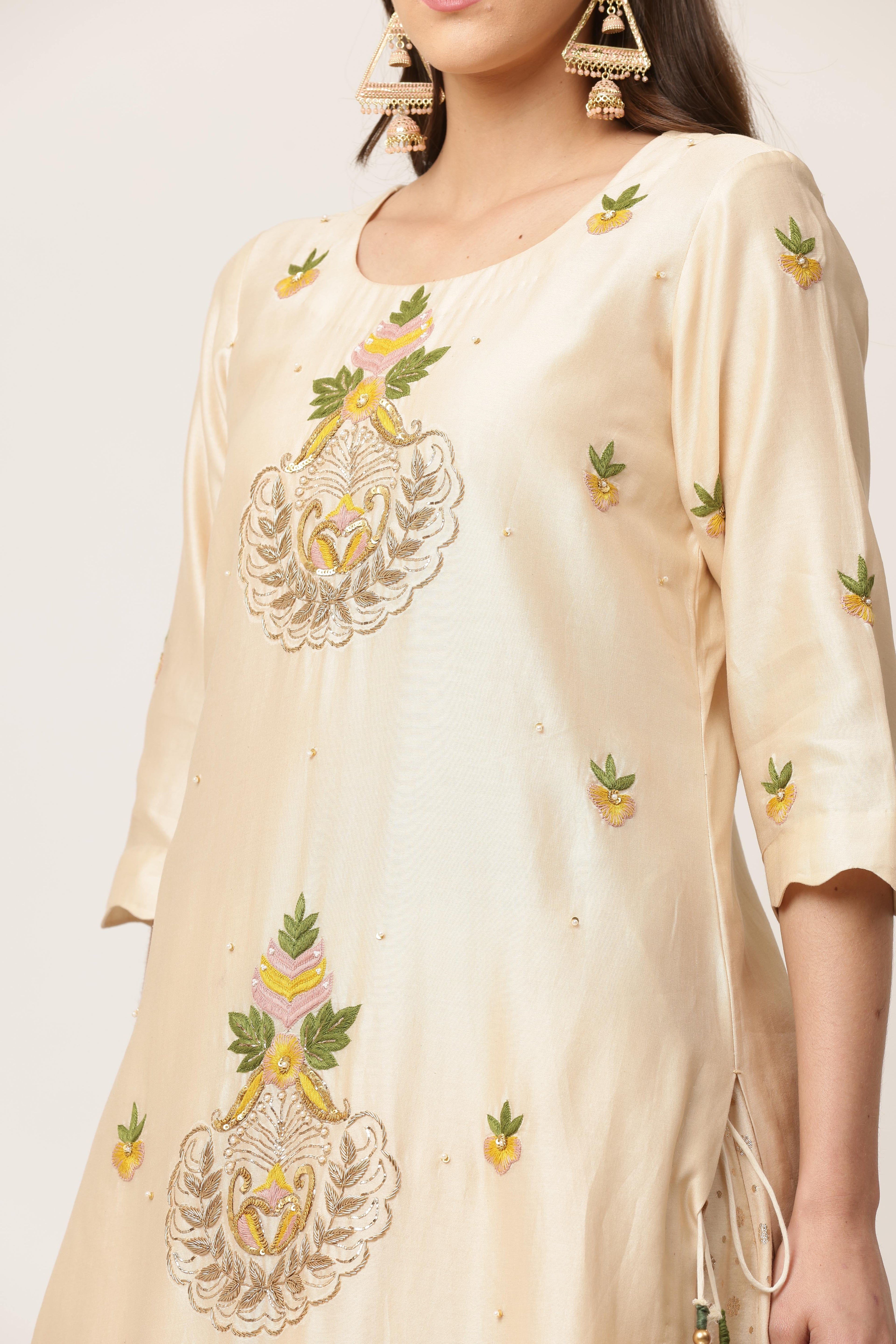 Matki Work Ivory Kurta Lehenga Set