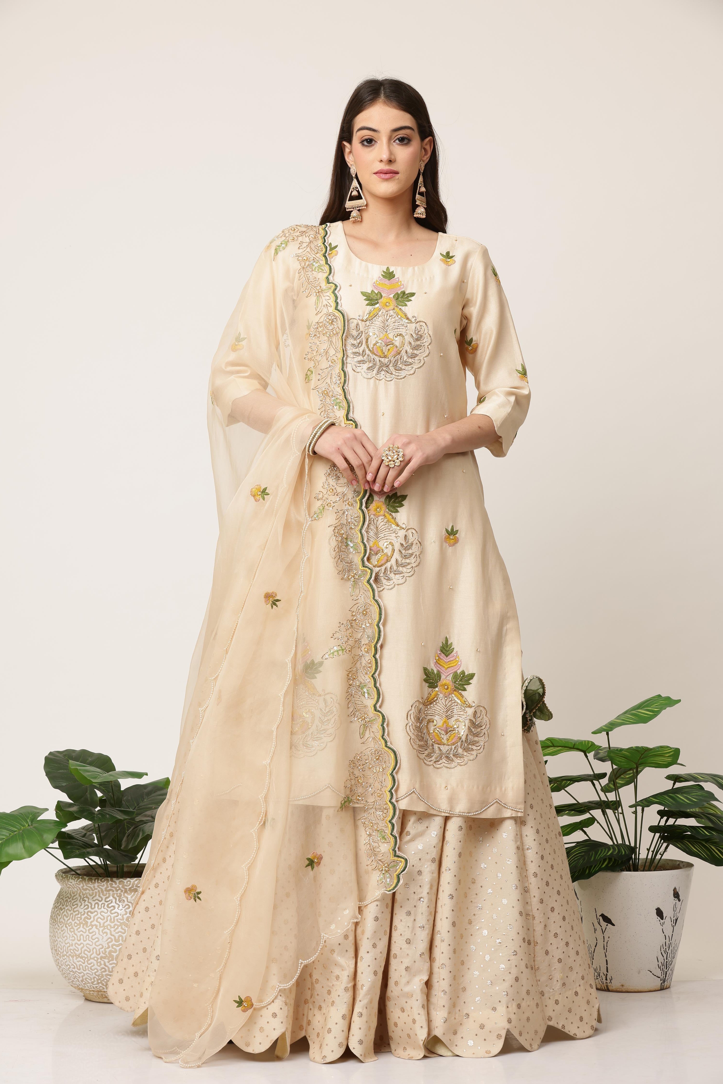 Matki Work Ivory Kurta Lehenga Set