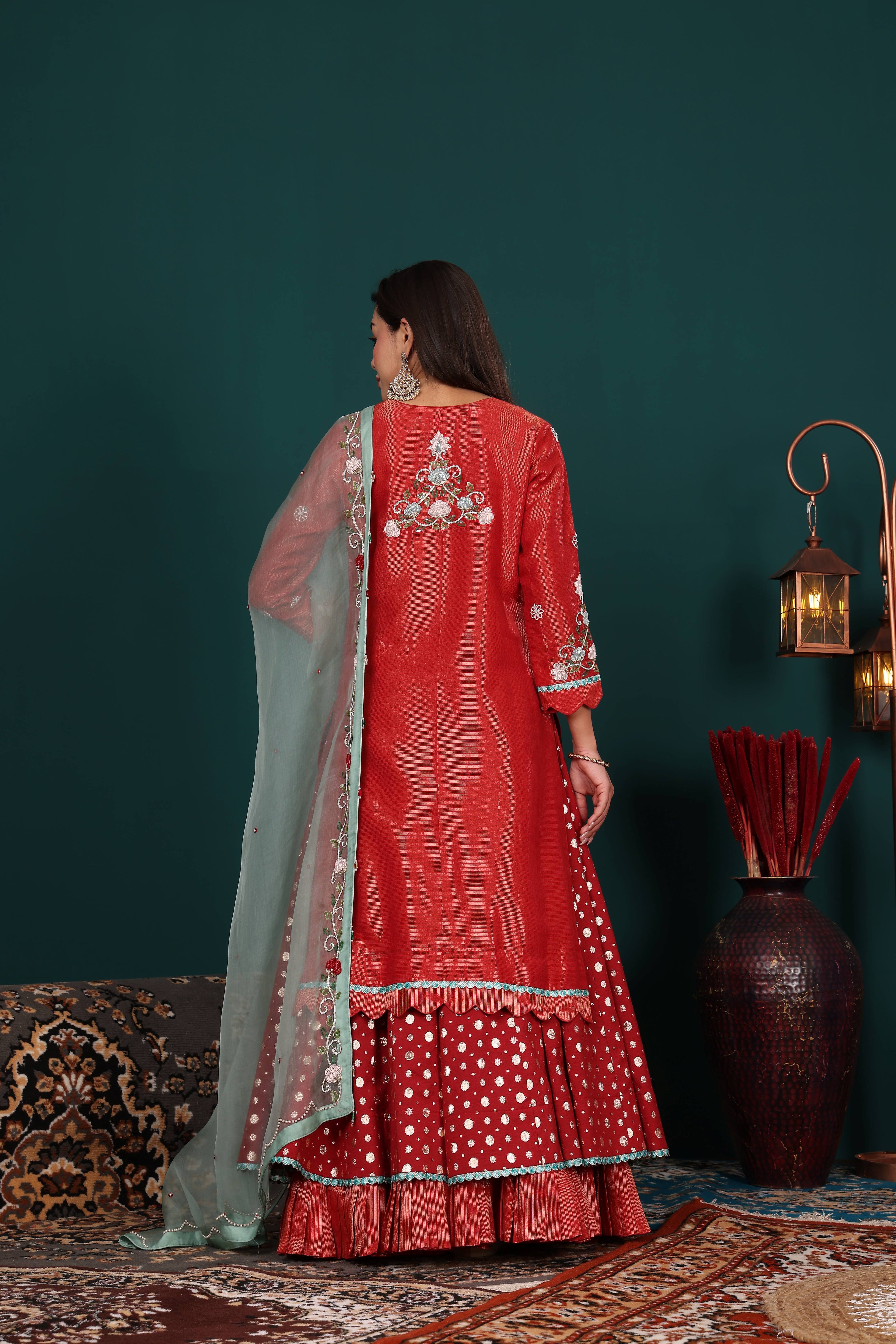 Ruhani Red Esembled Kurta Lehenga set