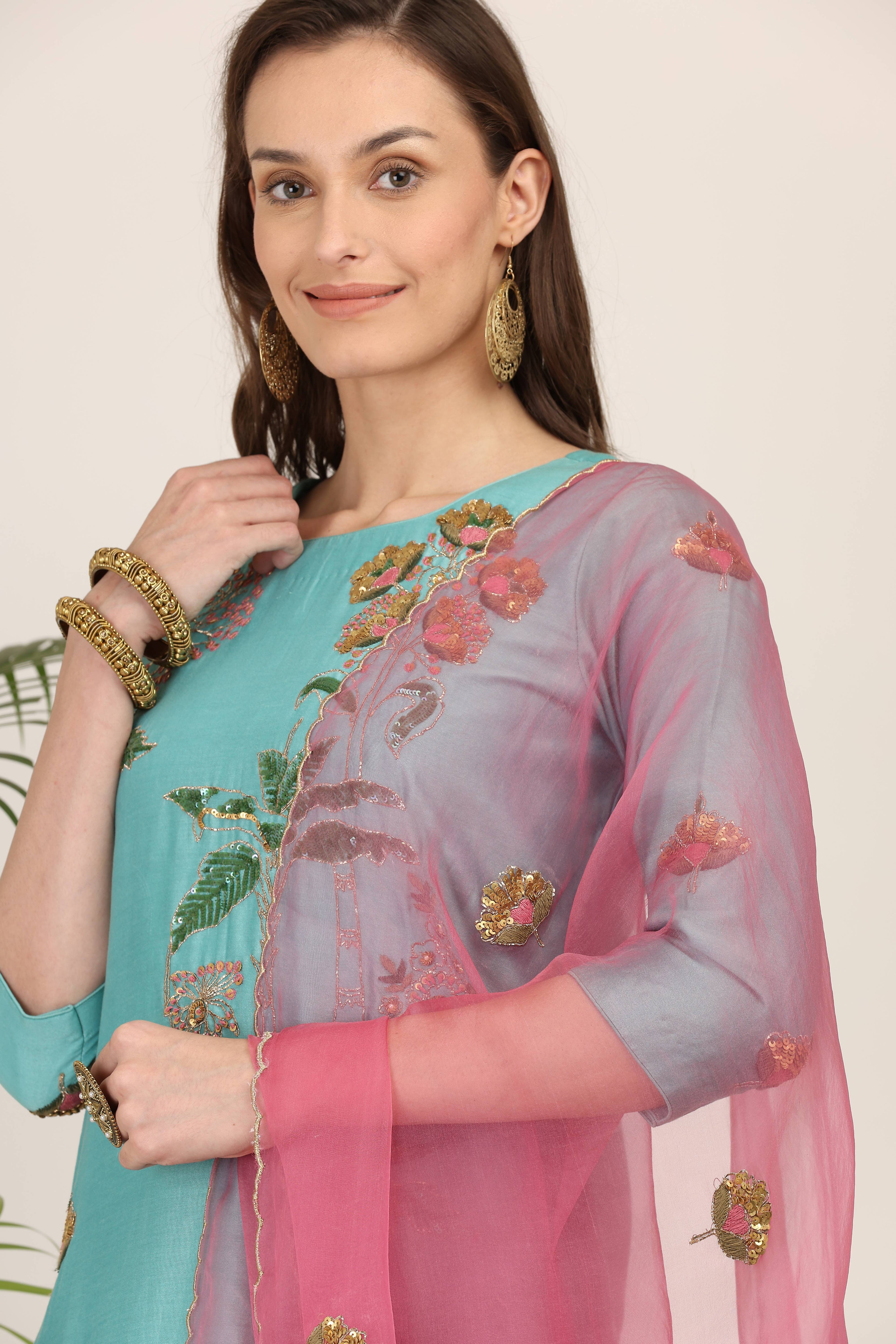 Aqua Rose Pink Kurta Lehenga Set