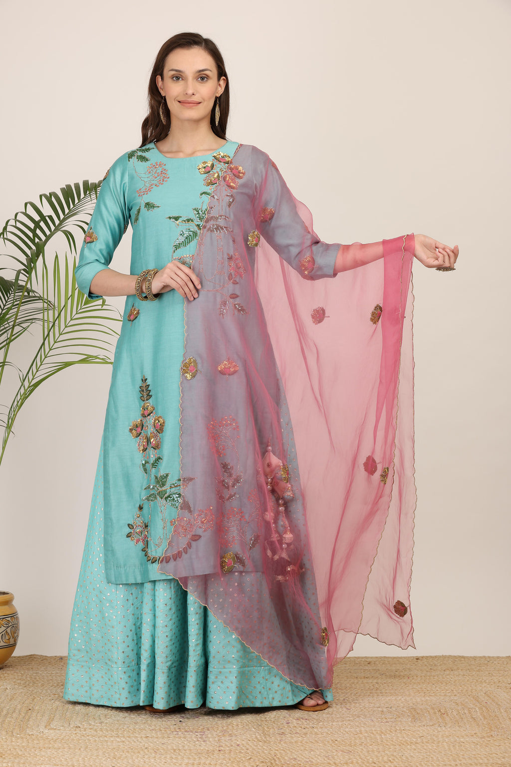Aqua Rose Pink Kurta Lehenga Set