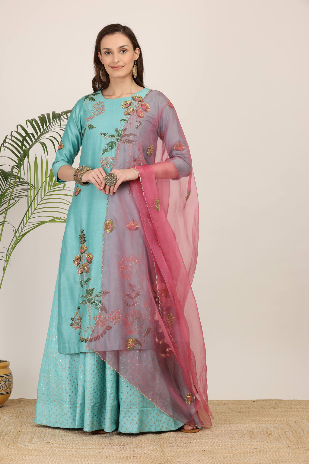 Aqua Rose Pink Kurta Lehenga Set