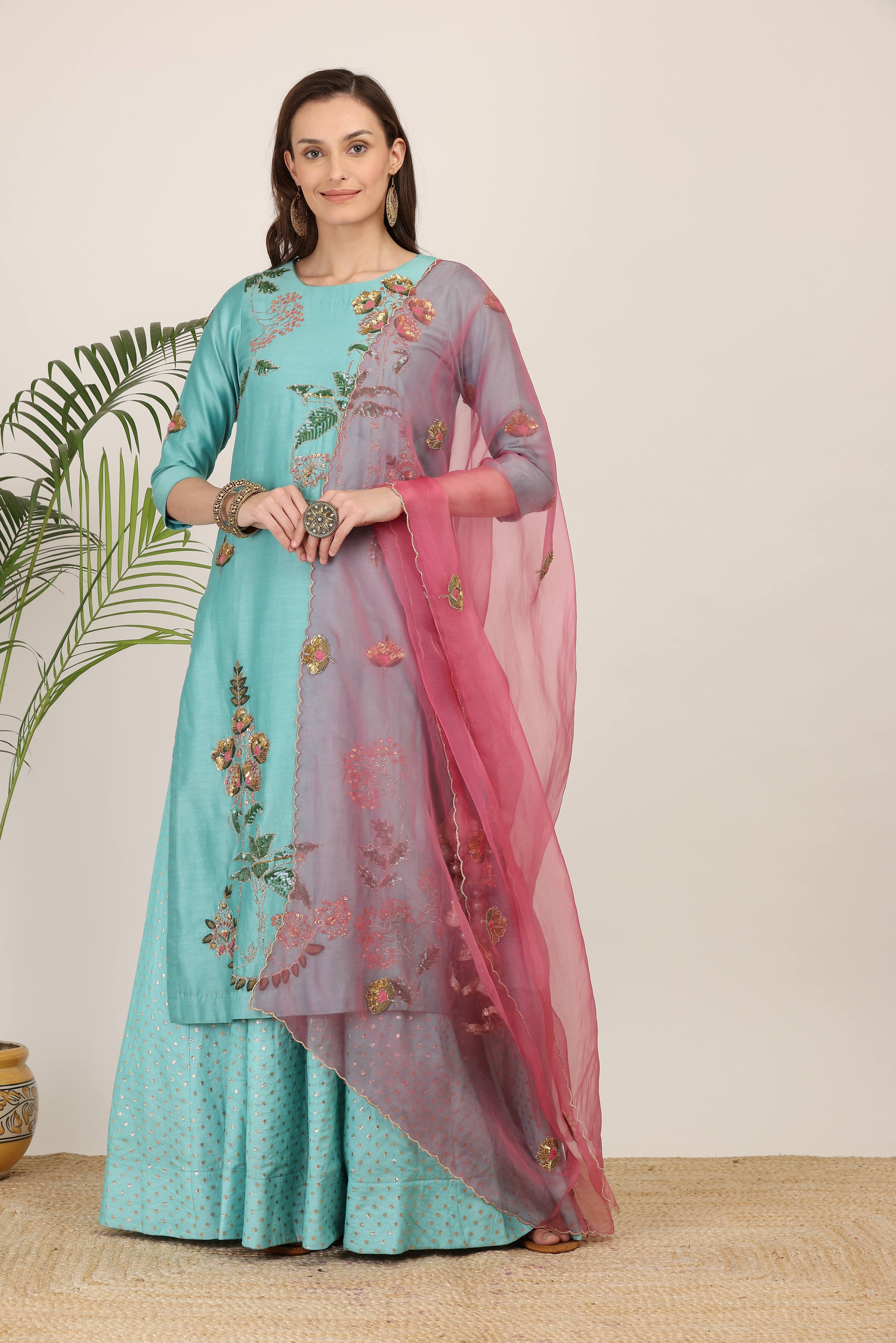 Aqua Rose Pink Kurta Lehenga Set