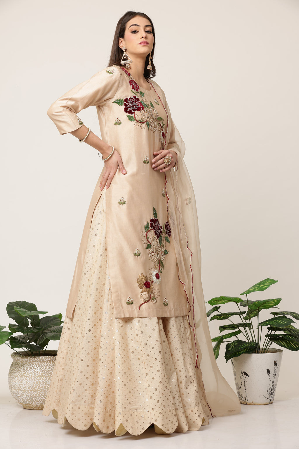 Champagne Red Velvet Kurta Lehenga Set