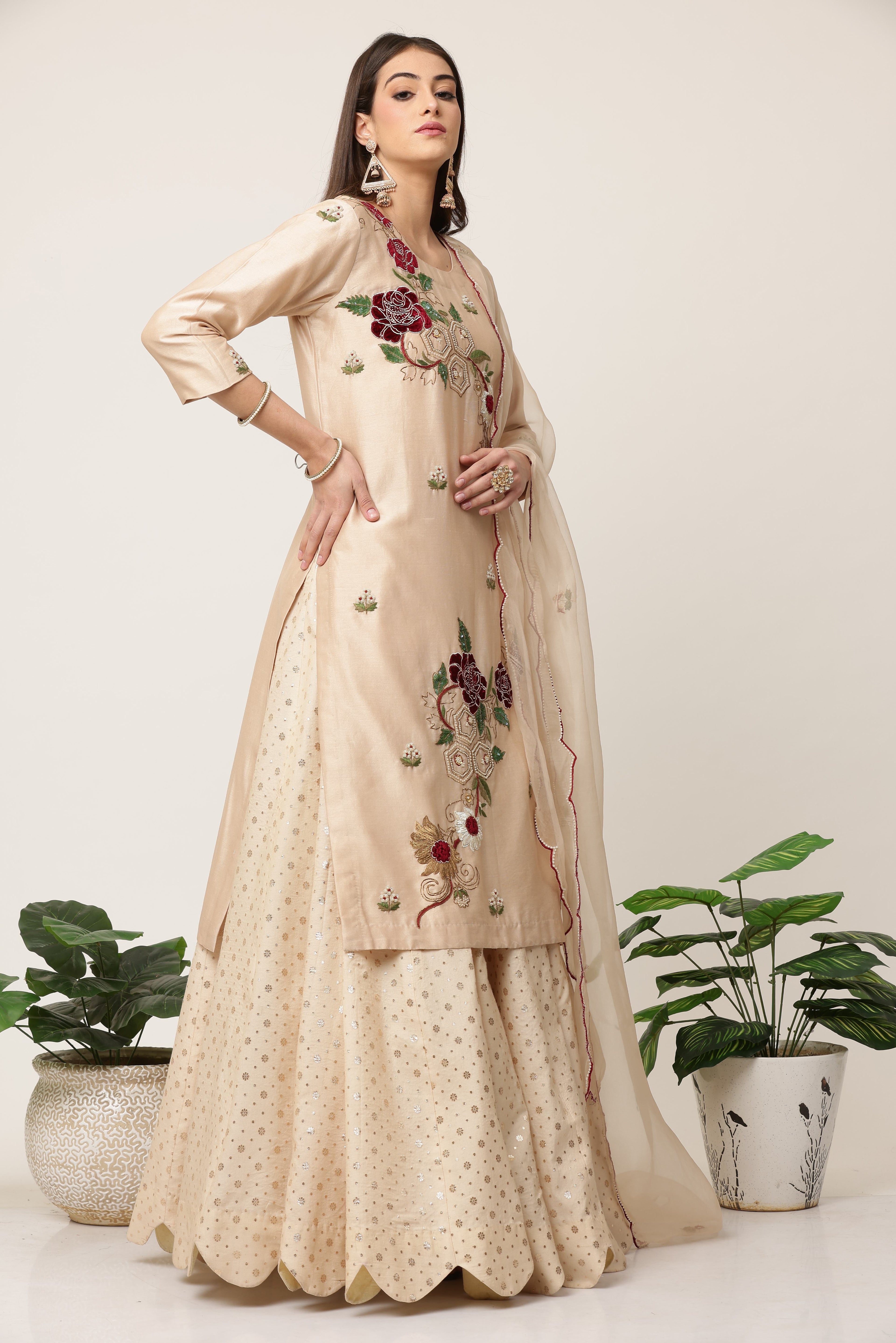 Champagne Red Velvet Kurta Lehenga Set